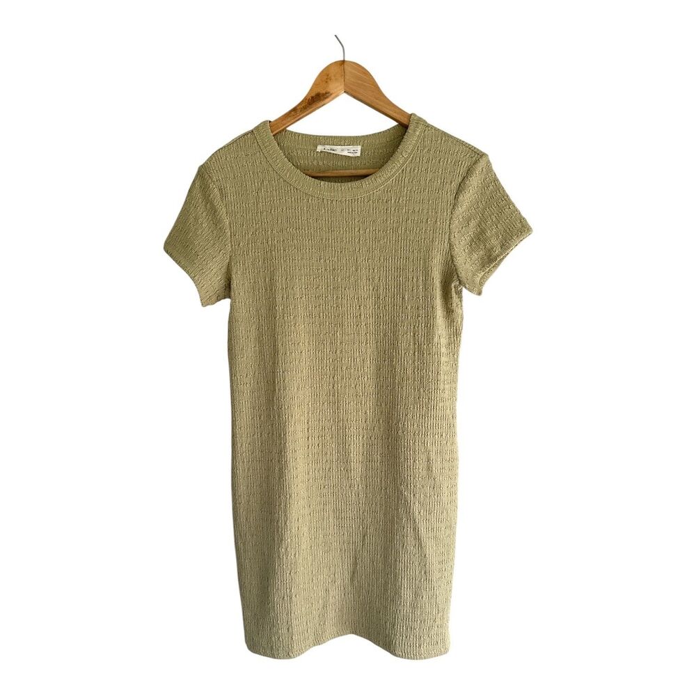 Elodie Sage Green Smocked Bodycon Mini Dress L Textured Stretch Short Sleeve NWT